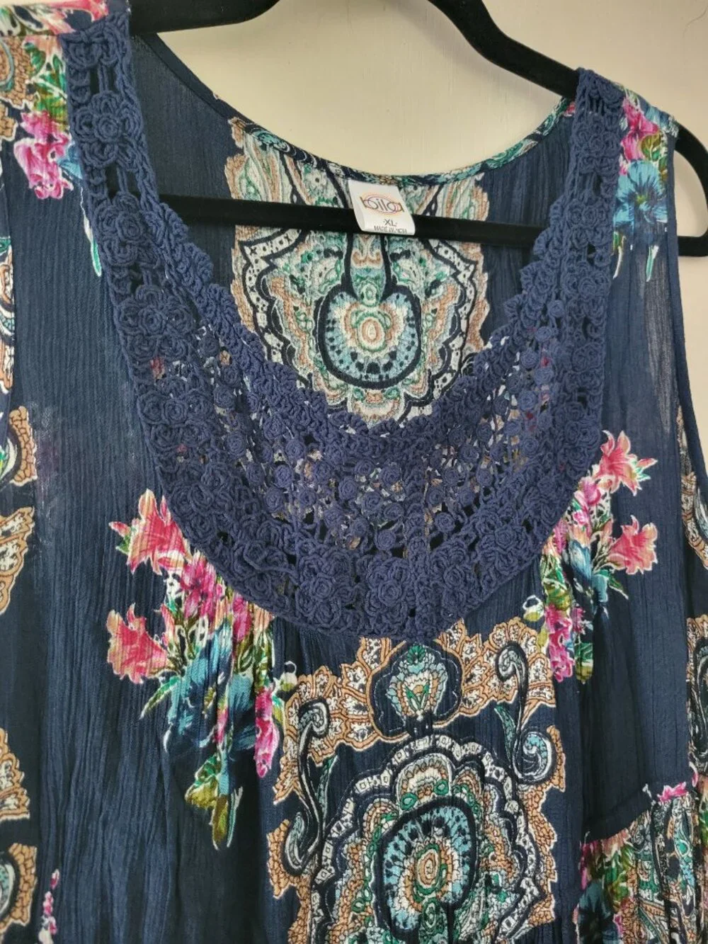 Bila Boho Paisley Floral Maxi Dress Crochet Neckline Drawstring Waist sz XL Navy - Picture 4 of 10